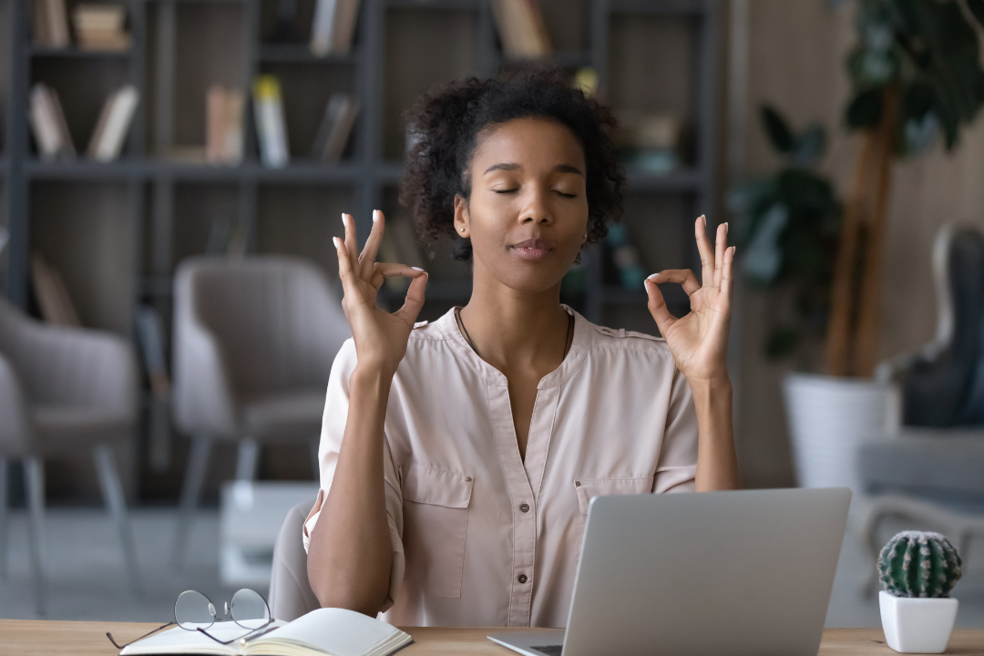 Reducing noise with Jcw woman sat peaceful